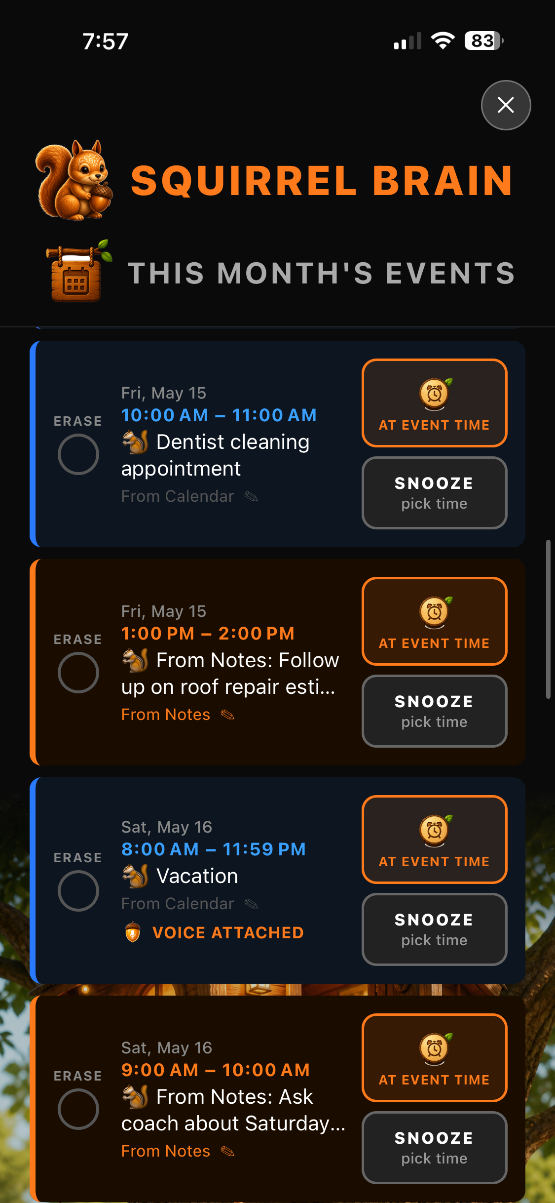 Calendar events screen